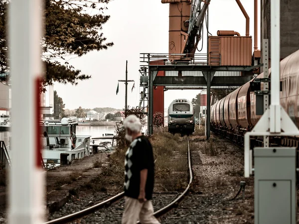 Des Sémaphores Voies Ferrées Wagons Grues Portuaires Vieux Port Strasbourg — Photo