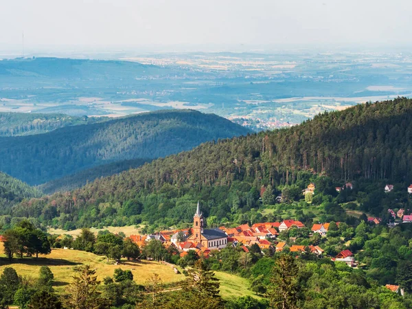 Landscape Alsace Vosges Mountains Green Meadows Beautiful Churches Small Mountain — Foto Stock