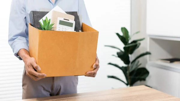 Resignation Concept Male Standing Using His Hands Lifting Box His — Stock Photo, Image