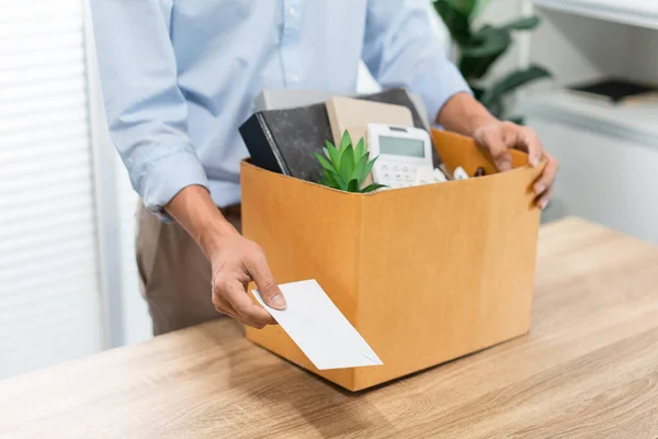 Resignation Concept Male Officer Standing Putting His Box His Belongs — Stock Photo, Image