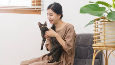 Evcil hayvan sevdalısı kavramı, genç Asyalı kadın koltukta oturup kediye sarılıyor ve oyun oynuyor..
