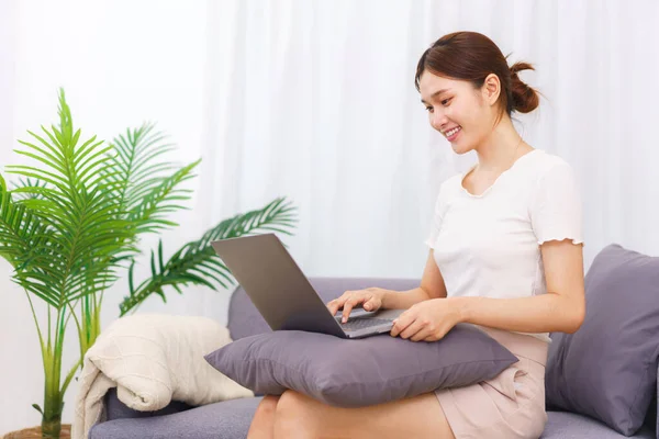 Lifestyle Living Room Concept Asian Woman Sit Couch Using Laptop — Stock Photo, Image