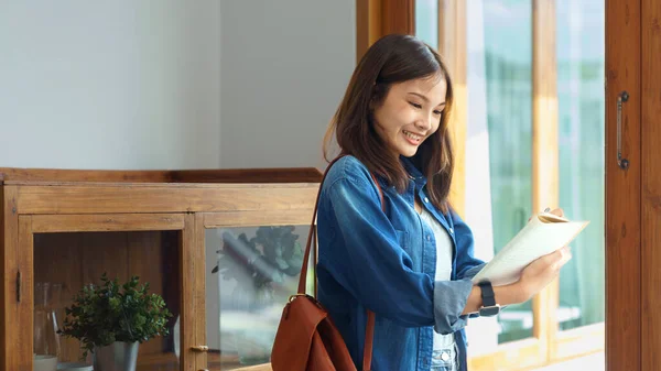 Education Literacy Concept College Student Girl Standing Library Taking Note — Stock Fotó