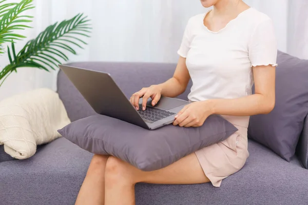 Lifestyle Living Room Concept Asian Woman Sit Couch Using Laptop — Stock Photo, Image