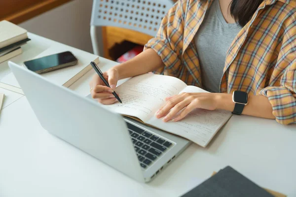 Education Literacy Concept College Student Girl Watching Lecture Online Taking — Fotografia de Stock