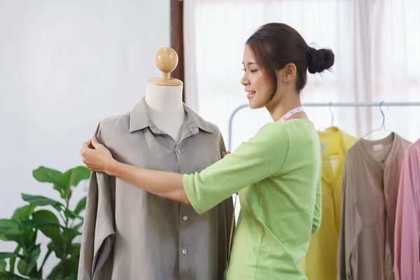 Fashion Clothes Online Concept Female Designer Checking Sewing Detail New — Stock Photo, Image