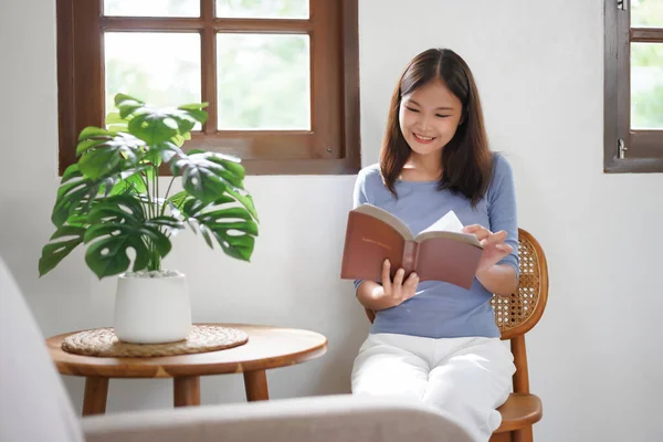 Work Home Concept Business Women Sit Window Relaxing Reads Book — Stockfoto