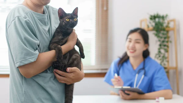 Pet care concept, Female veterinary is writing prescription on clipboard after examining health cat.