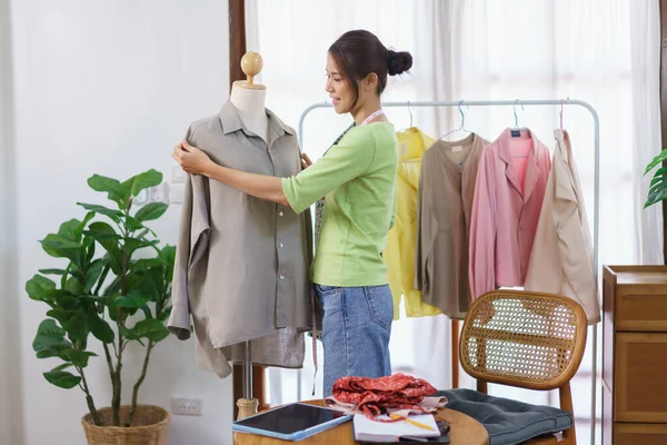 Fashion Clothes Merchant Concept Female Designer Checking Sewing Detail New — Stock Photo, Image