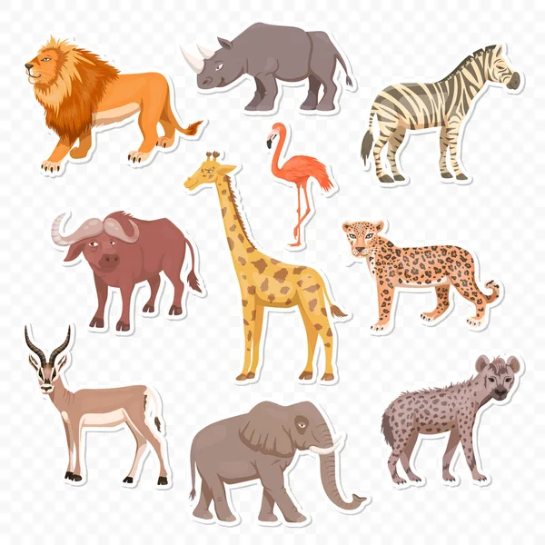 Afrikaanse Savannah Wilde Dieren Set. Leeuw, Rhino, Zebra, Buffalo, Giraffe, Flamingo, Luipaard, Gazelle, Olifant, Hyena. Platte vectorillustratie. Dieren van Afrika. Savanne Safari Concept — Stockvector