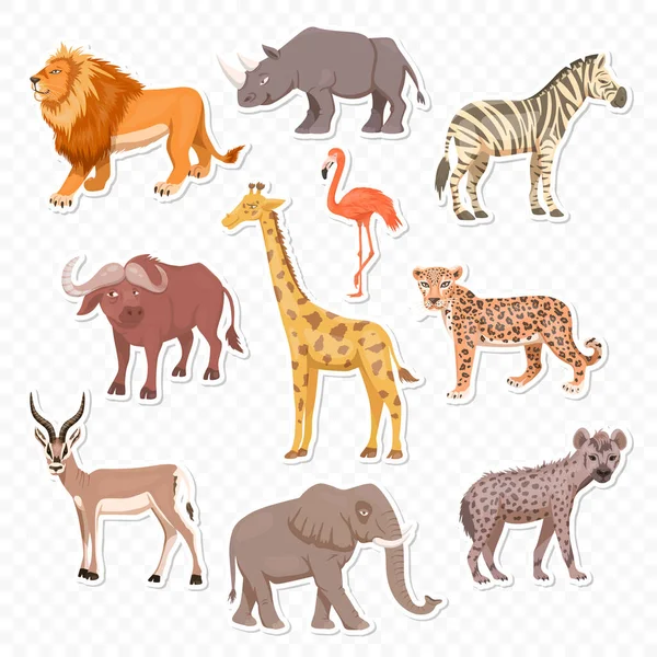 African Savannah Wild Animal Set. León, rinoceronte, cebra, búfalo, jirafa, flamenco, leopardo, gacela, elefante, hiena. Ilustración de vectores planos. Animales de África. Concepto Savannh Safari — Vector de stock