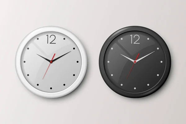 Бело-черные офисные часы Vector 3d Revic Isolated. Белый и черный набор. Дизайн шаблона настенных часов крупным планом. Макет для Брендинга. Вид спереди — стоковый вектор