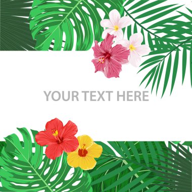 Vector Square Banner, Tropic Leaves ve Flowers 'lı kart. Tropik arka plan. Düz Vektör İllüstrasyonu. Egzotik, Yaz, Tropik Konsept. Davet, Duyuru, Poster, Reklam İçin Tasarım