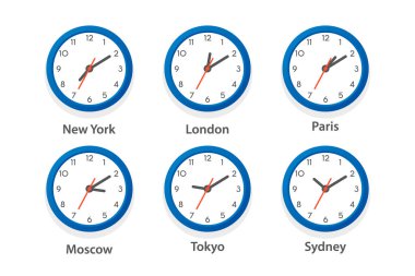 Düz Vektör Ofis Saati Simgesi Ayarlandı. Farklı Şehirlerin Zaman Dilimleri, Beyaz Çember. Duvar Saatinin Tasarım Şablonu, Zaman Çizelgesi. - Yakın çekim. Üst, Ön Görünüm