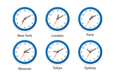 Düz Vektör Ofis Saati Simgesi Ayarlandı. Farklı Şehirlerin Zaman Dilimleri, Beyaz Çember. Duvar Saatinin Tasarım Şablonu, Zaman Çizelgesi. - Yakın çekim. Üst, Ön Görünüm