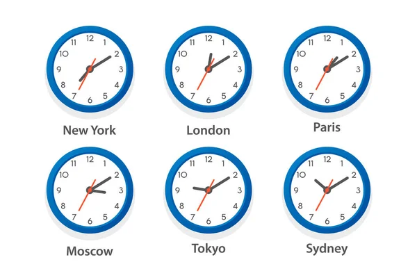 Set de iconos de reloj de oficina de pared vectorial plano. Zonas horarias de diferentes ciudades, esfera blanca. Plantilla de diseño de reloj de pared, los tiempos. Primer plano. Arriba, Vista frontal — Vector de stock