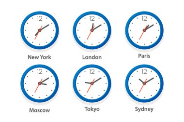 Düz Vektör Ofis Saati Simgesi Ayarlandı. Farklı Şehirlerin Zaman Dilimleri, Beyaz Çember. Duvar Saatinin Tasarım Şablonu, Zaman Çizelgesi. - Yakın çekim. Üst, Ön Görünüm