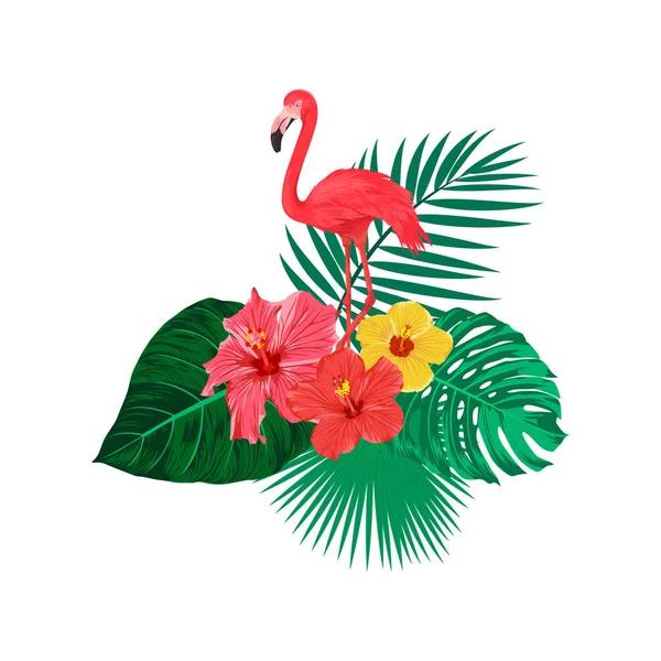 フラミンゴの鳥、熱帯の葉と花。トロピカルフラットベクトルイラスト。アフリカ、サバンナ、エキゾチック、夏、フラミンゴの装飾。熱帯の概念 — ストックベクタ
