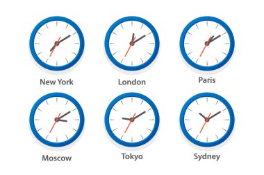 Düz Vektör Ofis Saati Simgesi Ayarlandı. Farklı Şehirlerin Zaman Dilimleri, Beyaz Çember. Duvar Saatinin Tasarım Şablonu, Zaman Çizelgesi. - Yakın çekim. Üst, Ön Görünüm