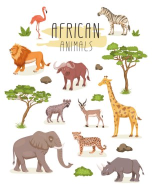 Afrika Savannah Vahşi Hayvanlar Seti. Aslan, Gergedan, Zebra, Buffalo, Zürafa, Flamingo, Leopar, Ceylan, Fil, Sırtlan. Düz Vektör İllüstrasyonu. Afrika 'nın Hayvanları. Savannh Safari Konsepti