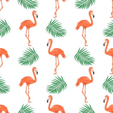 Flamingo Kuşu ve Tropikal Yapraklar ile Kusursuz Desen. Tekrarlanan Tropikal Arka plan. Düz Vektör İllüstrasyonu. Afrika, Savannh, Egzotik, Yaz, Flamingo Deseni. Tropik Konsept