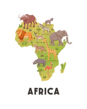 Afrika Savanası Vahşi Hayvanlar Seti, Afrika kıtası. Aslan, Gergedan, Zebra, Buffalo, Zürafa, Flamingo, Leopar, Ceylan, Fil, Sırtlan. Vektör İllüstrasyonu. Afrika 'nın Hayvanları. Savannh Safari Konsepti