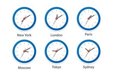 Düz Vektör Ofis Saati Simgesi Ayarlandı. Farklı Şehirlerin Zaman Dilimleri, Beyaz Çember. Duvar Saatinin Tasarım Şablonu, Zaman Çizelgesi. - Yakın çekim. Üst, Ön Görünüm