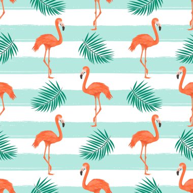 Flamingo Bird ve Tropikal Yapraklar Çizgili Arkaplanda. Tekrarlanan Tropikal Arka plan. Düz Vektör İllüstrasyonu. Afrika, Savannh, Egzotik, Yaz, Flamingo Deseni. Tropik Konsept