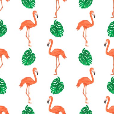 Flamingo Kuşu ve Tropikal Yapraklar ile Kusursuz Desen. Tekrarlanan Tropikal Arka plan. Düz Vektör İllüstrasyonu. Afrika, Savannh, Egzotik, Yaz, Flamingo Deseni. Tropik Konsept