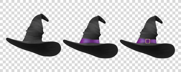 Drei schwarze Hüte. Vector 3d Realistische Cartoon Halloween Hexenhut Icon Set Nahaufnahme Isolated. Frontansicht. Design-Vorlage für Hexenhut. Herbstferien, Halloween-Konzept — Stockvektor