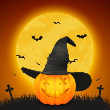 Vektör Karikatür Cadılar Bayramı Kabak Feneri Komik Yüzlü ve Cadı Şapkalı Gece Parlayan Ay Arkaplanı, Yarasalar, Mezarlığı. Gerçekçi Balkabağının Tasarım Şablonu. Sonbahar Tatili, Cadılar Bayramı Konsepti