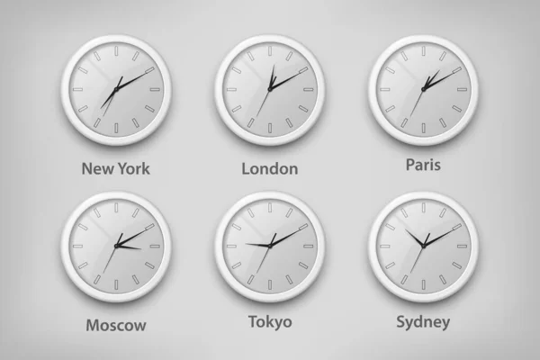 Vector 3d Realistic White Wall Office Clock Set. Time Zones of Different Cities, White Dial. Design Template of Wall Clock, Timezones. Mock-up for Branding, Advertise. Front View — Stock Vector