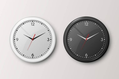 Vektör 3d Gerçekçi Beyaz ve Siyah Duvar Ofis Saati İzole Edildi. White ve Black Dial. Duvar Saati 'nin Tasarım Şablonu. Markalaşma için model. Ön Görünüm