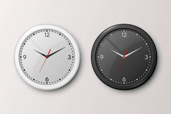 Vector 3d realista blanco y negro pared reloj de oficina conjunto aislado. Esfera blanca y negra. Plantilla de diseño de primer plano del reloj de pared. Una farsa para Branding. Vista frontal — Archivo Imágenes Vectoriales