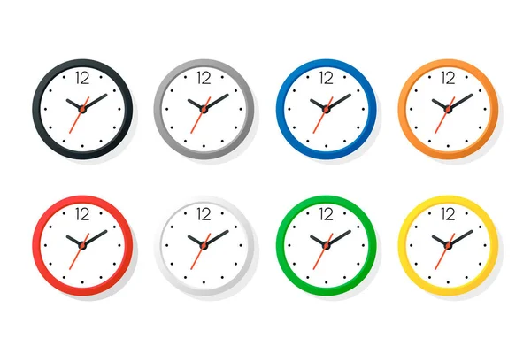 Set di icone per orologio da ufficio a parete piana a colori vettoriale isolato su bianco. Colori diversi. Quadrante bianco. Modello di design di orologio da parete Primo piano. Mock-up per Branding, Pubblicità. vista superiore, vista frontale — Vettoriale Stock