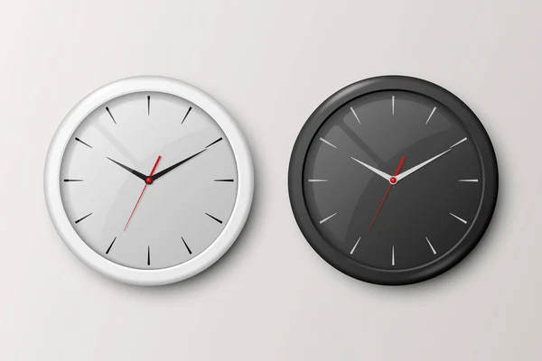 Vector 3d realista blanco y negro pared reloj de oficina conjunto aislado. Esfera blanca y negra. Plantilla de diseño de primer plano del reloj de pared. Una farsa para Branding. Vista frontal — Archivo Imágenes Vectoriales