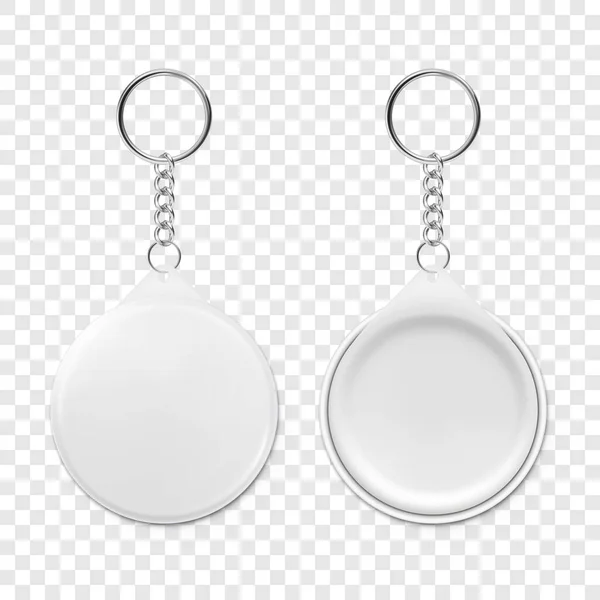 Porte-clés rond blanc réaliste vectoriel 3d avec anneau et chaîne pour clé isolée. Badge bouton avec anneau. plastique, Badge d'identification en métal avec porte-clés de chaînes, Modèle de conception, Mockup — Image vectorielle