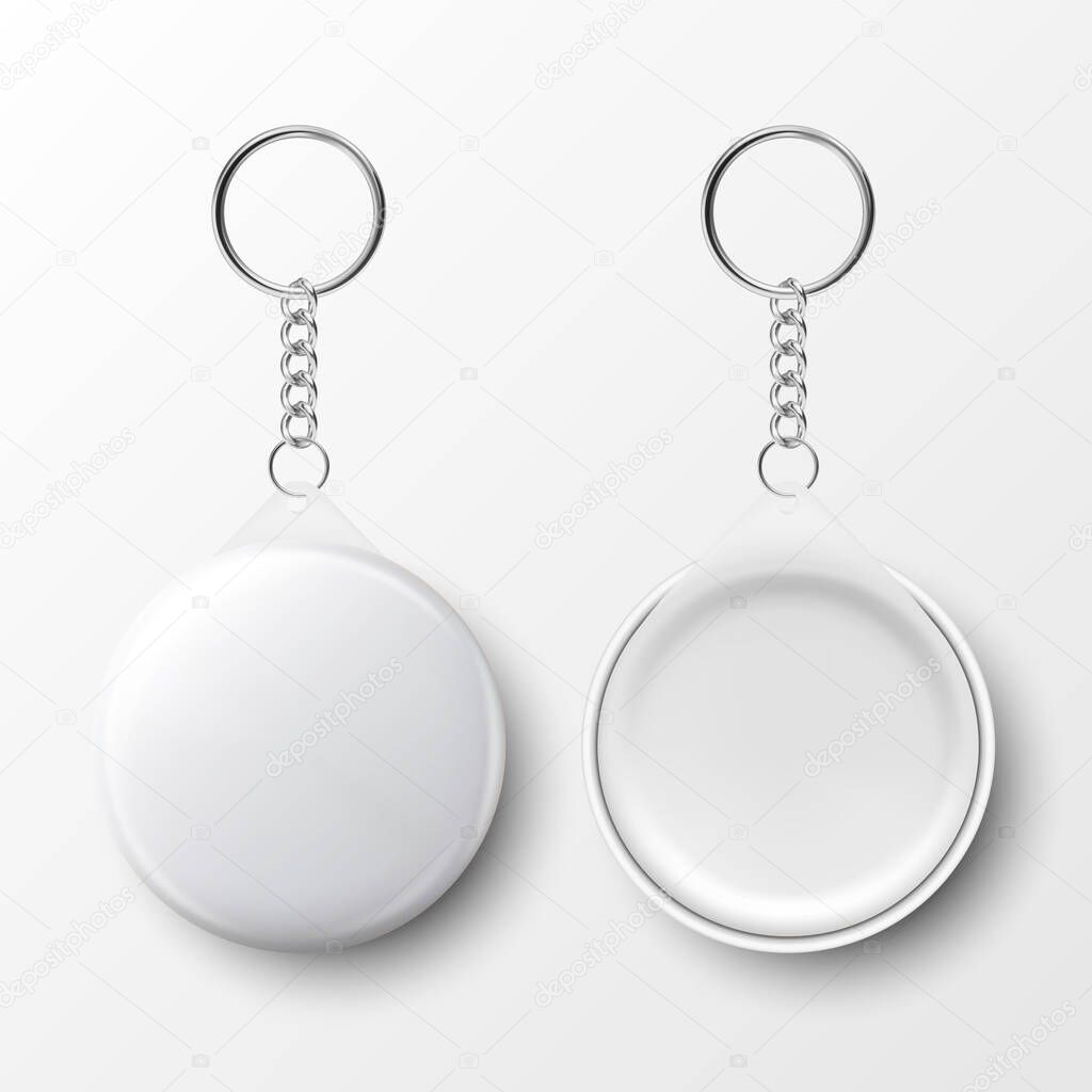 Vector 3d Realistic Blank White Round Keychain with Ring and Chain for Key Isolated on White. Button Badge with Ring. Plastic, Metal ID Badge with Chains Key Holder, Design Template, Mockup