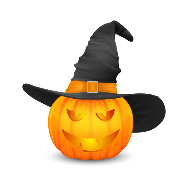 Vector Glossy Cartoon Halloween Pumkin Lantern with Funny Face and Witch Hat Icon Closeup Isolated on White. Front View. Design Template of Realistic Pumkin. Autumn Holidays, Halloween Concept