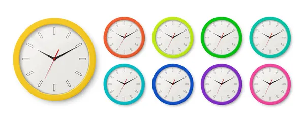 Vector 3D Realistic Color Wall Office Clock Icon Set Isoliert auf Weiß. Verschiedene Farben. Weißes Zifferblatt vorhanden. Design-Vorlage der Wanduhr Nahaufnahme. Mock-up für Branding, Werbung. Oben, von vorne — Stockvektor