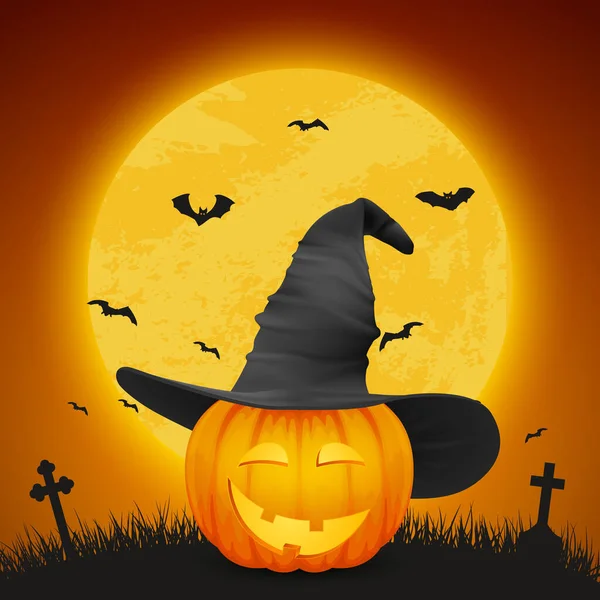 Vector Cartoon Halloween Pompoen Lantaarn met Grappig Gezicht en Heksenhoed op Night Glowing Moon Achtergrond, Vleermuizen, Begraafplaats. Design sjabloon van realistische pompoen. Herfstvakantie, Halloween Concept — Stockvector