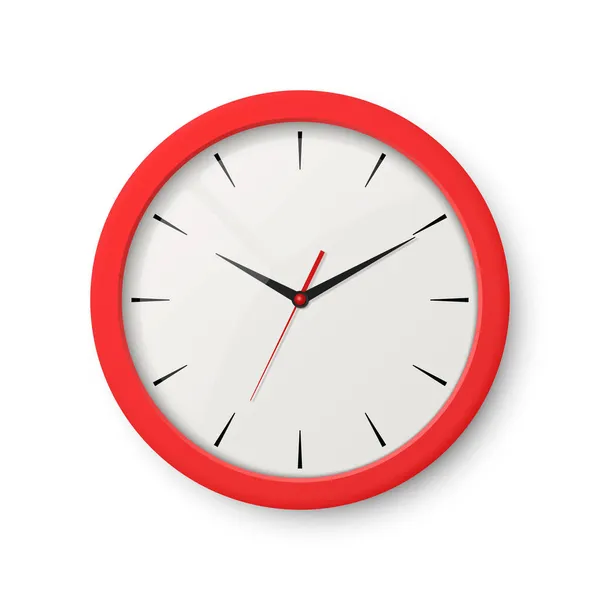 Orologio da ufficio Vector 3d Realistic Red Wall Isolato su Bianco. Quadrante bianco. Modello di design di orologio da parete Primo piano. Mock-up per Branding, Pubblicità. vista superiore, vista frontale — Vettoriale Stock