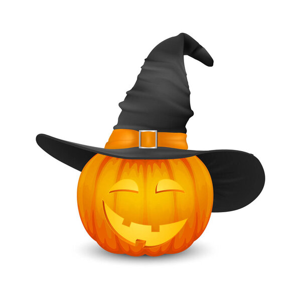 Vector Glossy Cartoon Halloween Pumkin Lantern with Funny Face and Witch Hat Icon Closeup Isolated on White. Front View. Design Template of Realistic Pumkin. Autumn Holidays, Halloween Concept