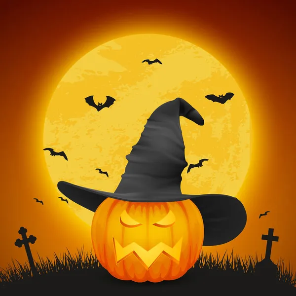 Vector Cartoon Halloween Pumkin Lantern with Funny Face and Witch Hat on Night Glowing Moon Background, Bats, Cemetery. 실제 푸민의 설계 양식이다. 가을 저녁, 핼러윈 컨셉 — 스톡 벡터