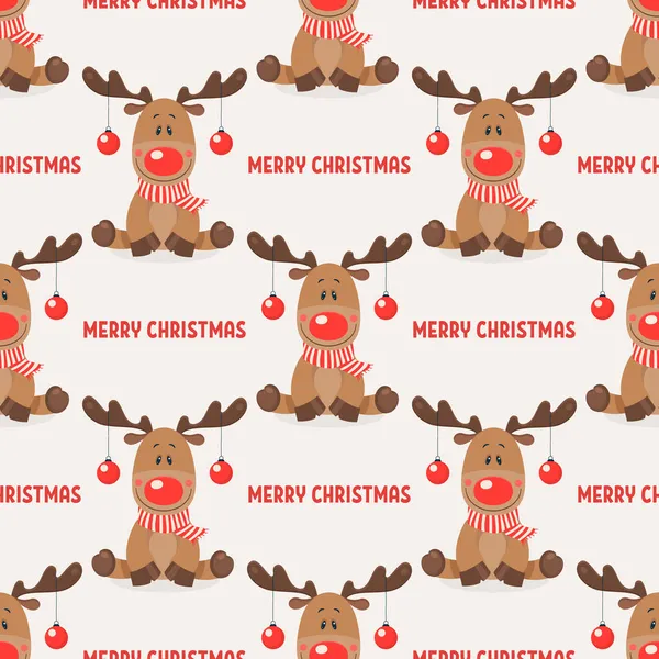 Merry Christmas. Vector Seamless Pattern with Christmas Cute Reindeer with Christmas Balls on the Horns in Flat Style. Design Template. Cartoon Kids Character — Stock Vector