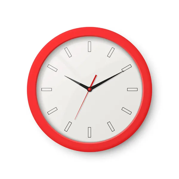 Vector 3d realistas relógio escritório parede vermelha Isolado no branco. Mostrador branco. Modelo de design de parede Relógio Closeup. Mock-up para Branding, Anuncie. Topo, Vista frontal — Vetor de Stock