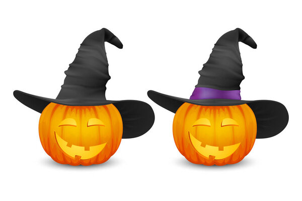 Vector Glossy Cartoon Halloween Pumkin Lantern with Funny Face and Witch Hat Icon Set Closeup Isolated on White. Front View. Design Template of Realistic Pumkin. Autumn Holidays, Halloween Concept