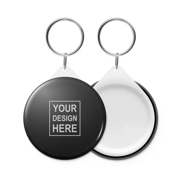Vector 3d realista em branco preto redondo chaveiro com anel e corrente para chave isolada. Emblema de botão com anel. Plástico, emblema de identificação de metal com suporte de chave de correntes, modelo de design, Mockup — Vetor de Stock