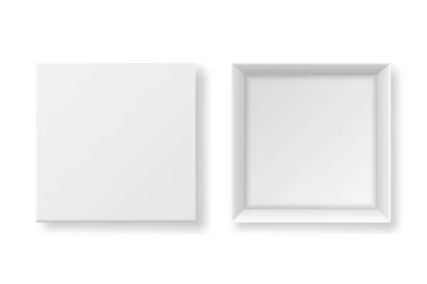 Vecteur 3d réaliste ouvert et fermé vide papier blanc carton boîte vide Set isolé sur blanc. Modèle de conception de produit, boîte cadeau, emballage actuel pour maquettes, marque, publicité. Vue du dessus — Image vectorielle