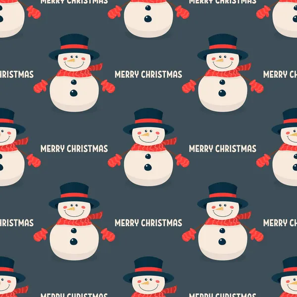 Merry Christmas. Vector Seamless Pattern with Christmas Cute Snowman in Flat Style on Black Background. Design Template. Cartoon Kids Character — Stock Vector